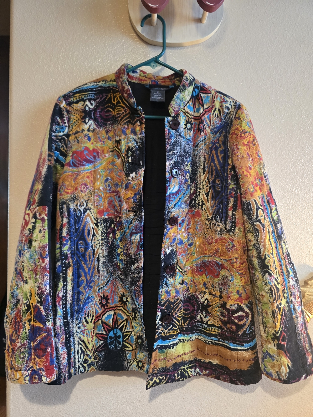 French Cuff Boho Quilted Cotton Jacket Size M Multicolor Abstract Print Unique
